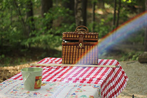 Picknick Werbeartikel bedrucken Sie bei laprinta Picknickdecke mit Picknickkorb ausgebreitet