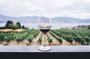 Werbe-Weingläser bedrucken Sie bei laprinta Weinglas im Hintergrund Weinberge und Meer