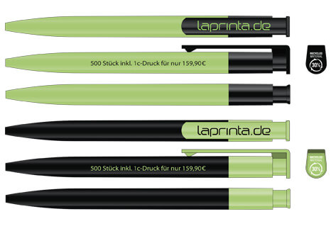 Zu sehen sind zwei Kugelschreiber-Modelle in den Farbkombinationen Grau/Grün und Grün/Grau, bedruckt mit laprinta-Werbung