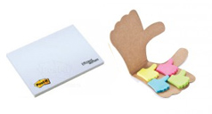 ein Orignal PostIt®-Haftnotizblock mit Werbedruck und ein Haftnotiz-Set in Daumen-Form