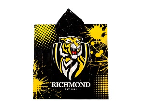 Ein schwarzer Regenponcho mit Logo: Ein Tiger mit gelben Highlights und dem Schriftzug Richmond