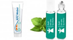 Sonnencreme in kleiner bedruckter Werbe-Tube und Pfefferminz-Erfrischungsspray mit Werbedruck