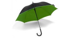 Schwarzer Werbe-Regenschirm mit grünem Innenfutter. Der Schirm verfügt übe reinen gebogenen Griff und schwarzes Gestänge.