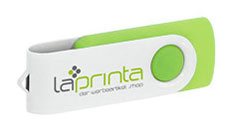 Grüner USB-Stick "Twister" bei dem der aufdrehbare Metallbügel weiß lackiert wurde. Auf den Weißen Bügel wurde das laprinta-Logo in Grau und Grün gedruckt.