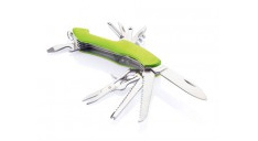Grünes Taschenmesser bei dem alle Bestandteile zusehen sind: Messer, Sägen, Flaschenöffner, Korkenzieher etc.