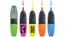Der Textmarker Focus Highlighter ist der laprinta-Bestseller. Im Bild sit ein grüner, ein pinker, ein gelber, ein orangener und ein blauzer Textmarker zu sehen, zwei davon sind mi Logo bedruckt.